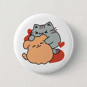 Macaron Rond 5 Cm Adorable chat et chien Hug - Meow & Woof Design