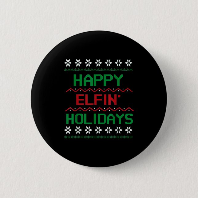 Macaron Rond 5 Cm Adult Ugly Christmas Sweater Tee. Happy Elfin' Hol (Devant)