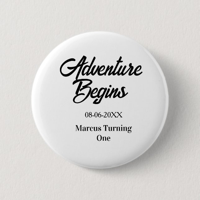 Macaron Rond 5 Cm Adventure begins 1st birthday name date simple min (Devant)
