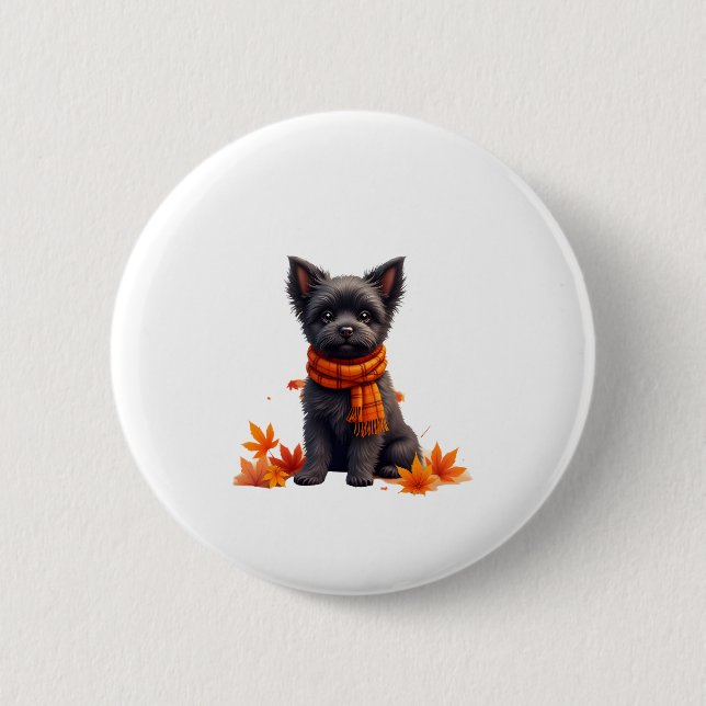 Macaron Rond 5 Cm Affenpinscher Au Coeur Fait De Feuilles D'Automne (Devant)