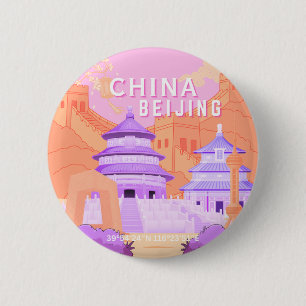 Macaron Rond 5 Cm Affiche de voyage à Pékin Chine Art rose et lava