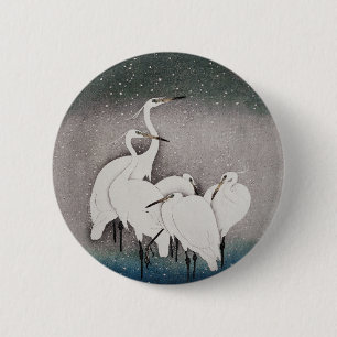 Macaron Rond 5 Cm Aigrettes japonaises Grues Oiseau Hiver Neige Art