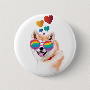 Macaron Rond 5 Cm Akita Chien avec Coeurs Saint Valentin