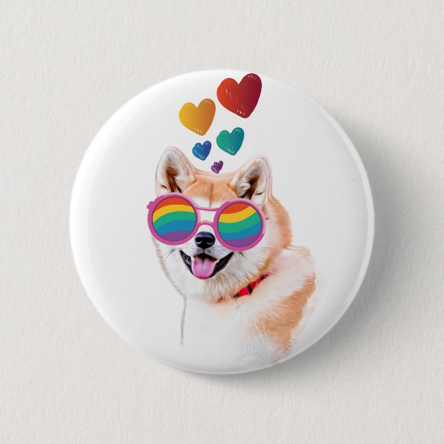 Macaron Rond 5 Cm Akita Chien avec Coeurs Saint Valentin (Devant)