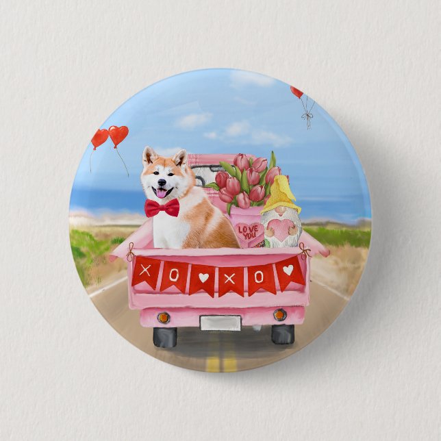Macaron Rond 5 Cm Akita Chien Saint Valentin Coeurs de Camion (Devant)