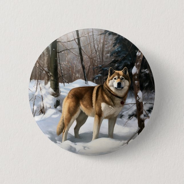 Macaron Rond 5 Cm Akita Laisser Neige Noël (Devant)