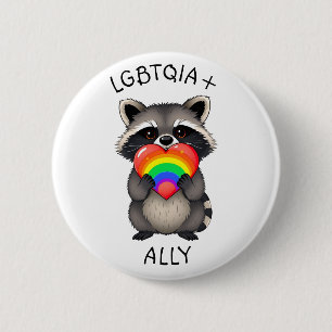 Macaron Rond 5 Cm Alliance LGBTQIA+   Raccoon avec Rainbow Heart