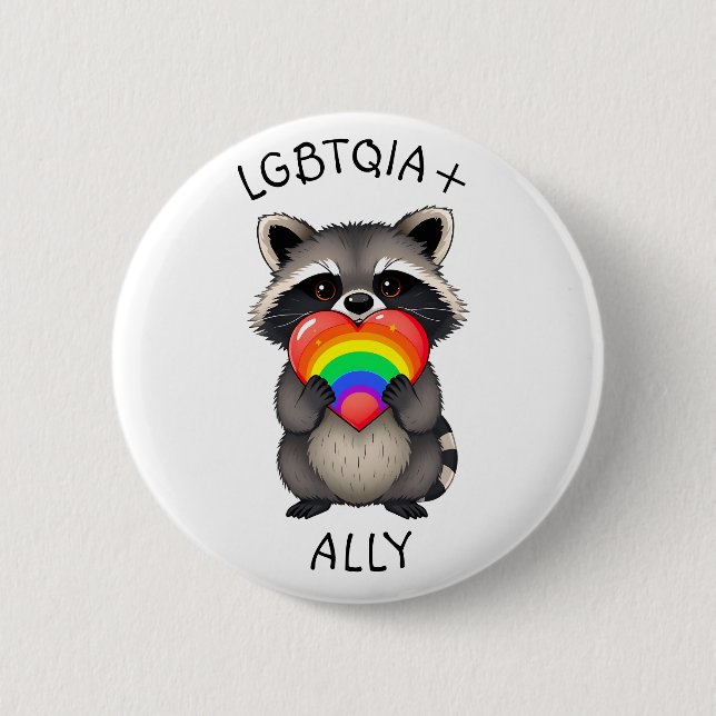 Macaron Rond 5 Cm Alliance LGBTQIA+ | Raccoon avec Rainbow Heart (Devant)