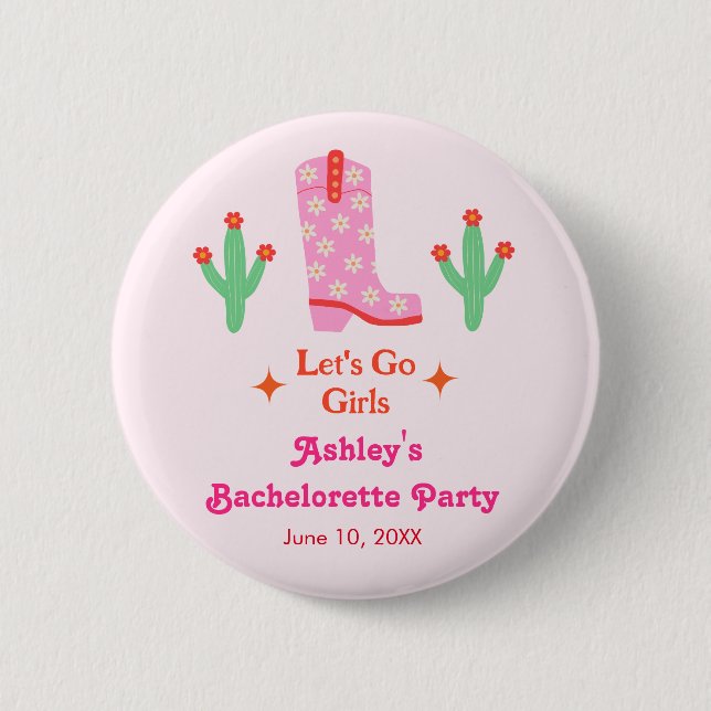 Macaron Rond 5 Cm Allons-y les filles Rose Cowgirl Enterrement de vi (Devant)