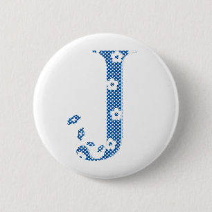 Macaron Rond 5 Cm alphabet fleuri J (bleu et points)