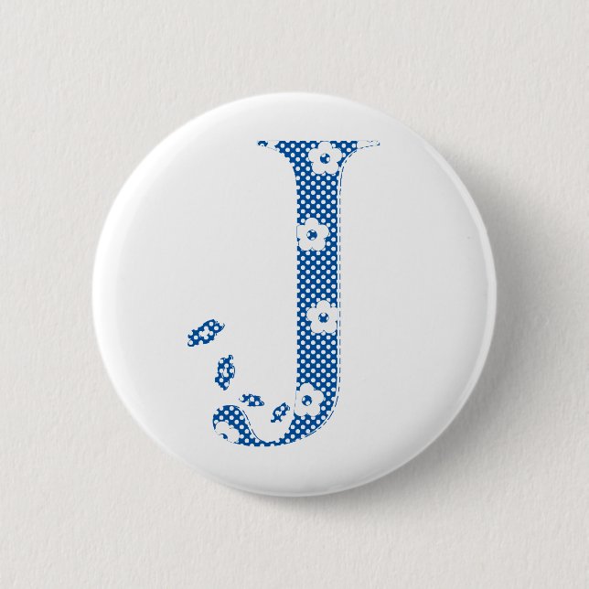 Macaron Rond 5 Cm alphabet fleuri J (bleu et points) (Devant)