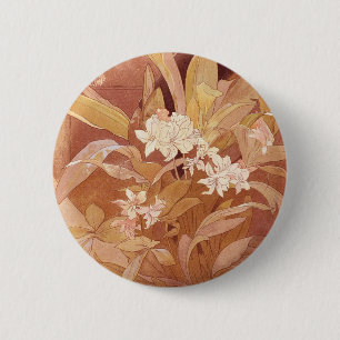 Macaron Rond 5 Cm Alphonse Mucha Art Nouveau Détail floral