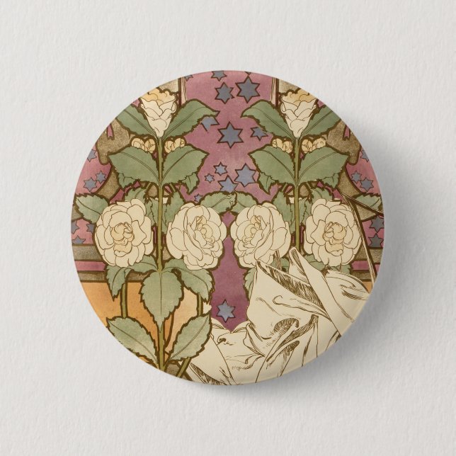 Macaron Rond 5 Cm Alphonse Mucha Elegant Art Nouveau Stars Camellia  (Devant)