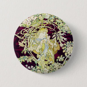 Macaron Rond 5 Cm Alphonse Mucha Femme au marguerite Art nouveau Art