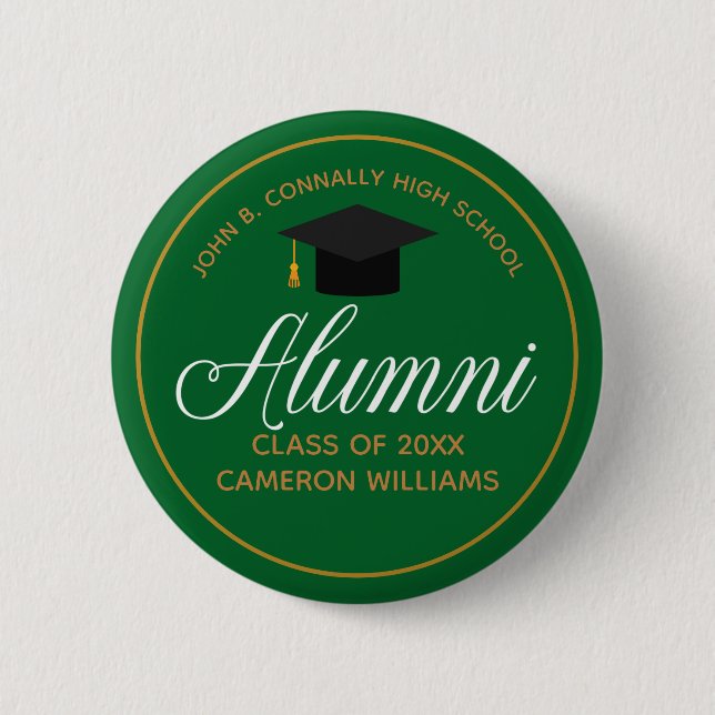 Macaron Rond 5 Cm Alumni Green Gold High School Custom Name Balise (Devant)