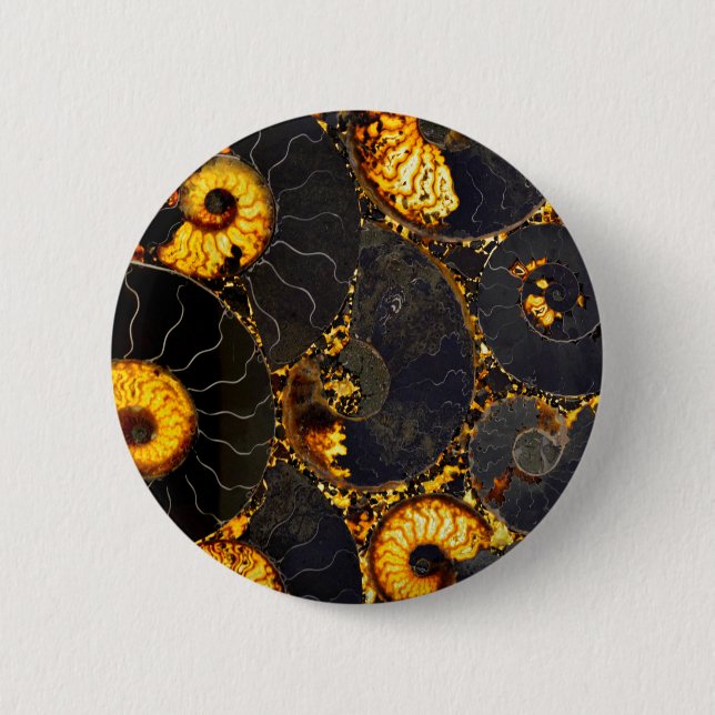 Macaron Rond 5 Cm Ambre doré noir Nautilus motif, fossile (Devant)