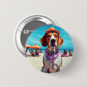 Macaron Rond 5 Cm American English Foxhound on Beach, cadeau d'été