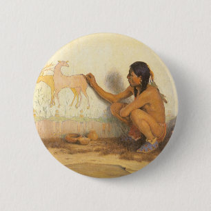 Macaron Rond 5 Cm Amérindien vintage, artiste indien par souris