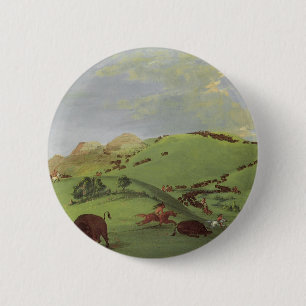 Macaron Rond 5 Cm Amérindiens d'époque, Buffalo Chase de Catlin