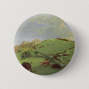 Macaron Rond 5 Cm Amérindiens vintages, chasse à Buffalo par Catlin