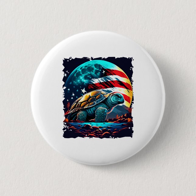 Macaron Rond 5 Cm Amérique tortue sous lune avec drapeau américain (Devant)