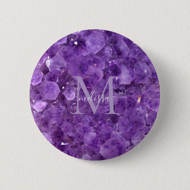Macaron Rond 5 Cm Amethyst Birthstone Monogram Personalized Name (Devant)