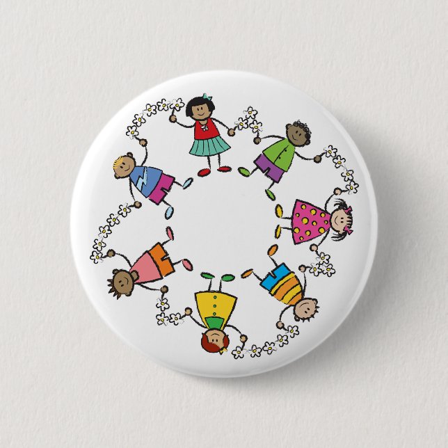 Macaron Rond 5 Cm Amis heureux mignons d'enfants de bande dessinée (Devant)