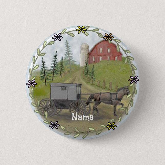 Macaron Rond 5 Cm Amish Buggy Bouton d'épingle de visite (Devant)