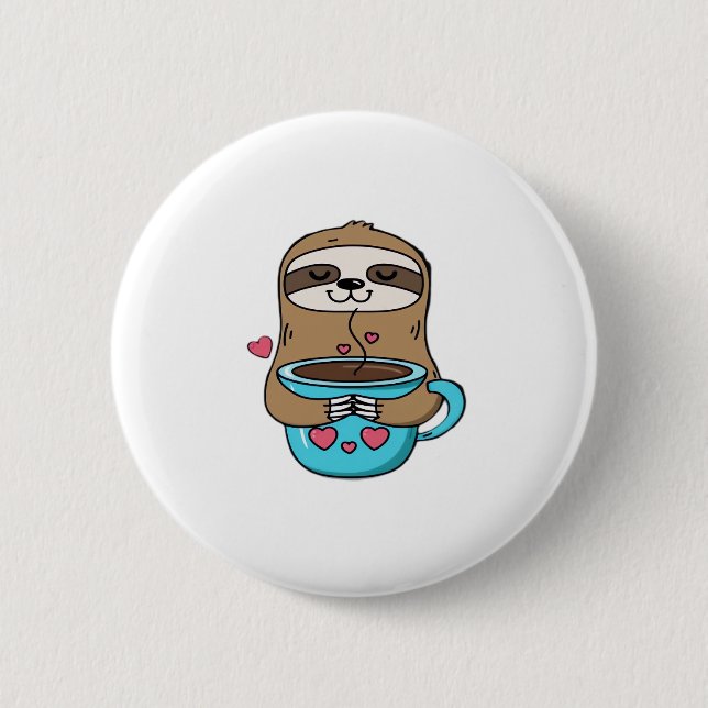 Macaron Rond 5 Cm Amoureux De Café Chibi Sloth - Cute Kawaii Sloth H (Devant)