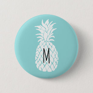 Macaron Rond 5 Cm ananas blanc monogramme sur bleu pastel