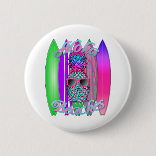 Macaron Rond 5 Cm Ananas surfant Aloha d'amusement tropical de