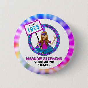 Macaron Rond 5 Cm Ancien Hippie Hippy Tie Dye Classe Réunion Nom bal