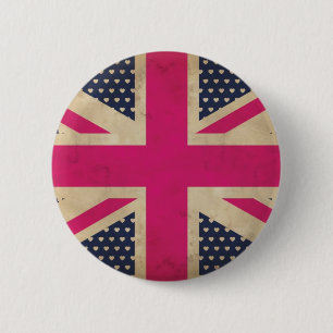 Macaron Rond 5 Cm Ancien Union Jack dans le bouton Drapeau rose Badg