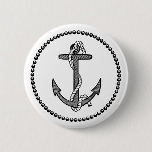Macaron Rond 5 Cm Ancre et corde vintage noir et blanc