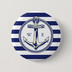 Macaron Rond 5 Cm Ancre nautique Bleu marine Rayures