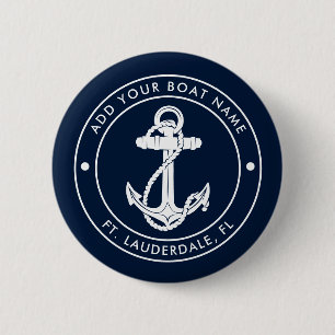 Macaron Rond 5 Cm Ancre nautique et nom de bateau personnalisé bleu
