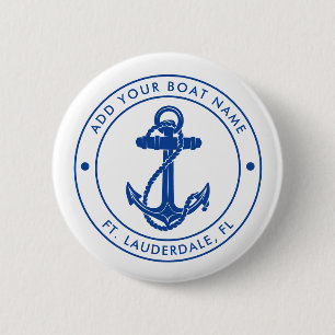 Macaron Rond 5 Cm Ancre nautique moderne et nom de bateau personnali