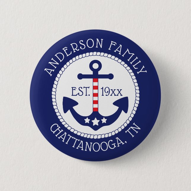 Macaron Rond 5 Cm Ancre patriotique nautique Nom de famille (Devant)