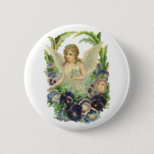 Macaron Rond 5 Cm Ange de Pâques victorien avec fleurs de pensée vio