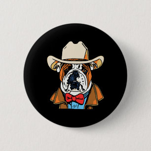 Macaron Rond 5 Cm Anglais Bulldog Cowboy Fun Western Chien Bowtie Cu