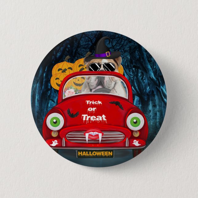 Macaron Rond 5 Cm Anglais Bulldog Driving Car Effrayant Halloween (Devant)
