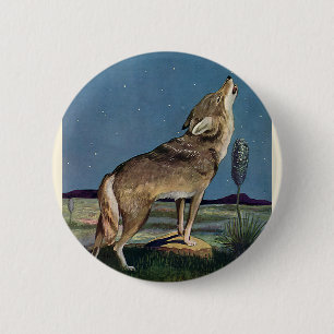 Macaron Rond 5 Cm Animal sauvage vintage, loup hurlant à la lune