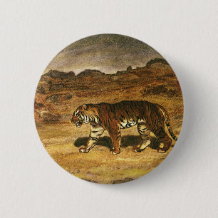 Macaron Rond 5 Cm Animal sauvage vintage, tigre du Bengale errant da
