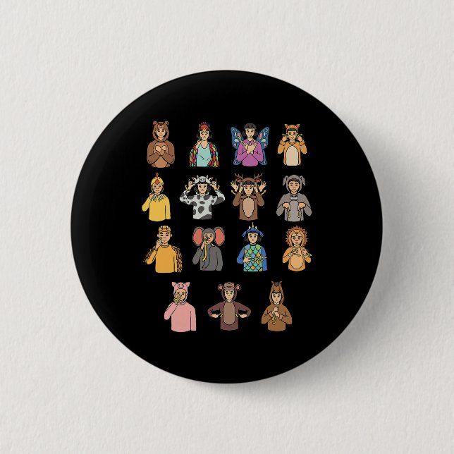 Macaron Rond 5 Cm Animaux ASL Gesture mains Sourdes Perte auditive A (Devant)