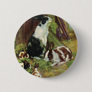 Macaron Rond 5 Cm Animaux de ferme vintage, lapins domestiques jouan
