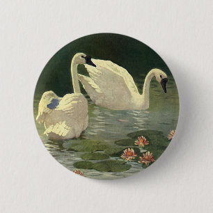 Macaron Rond 5 Cm Animaux sauvages vintages Oiseaux, Cygnes blancs v