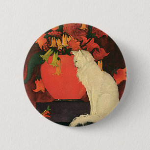 Macaron Rond 5 Cm Animaux Vintage, Élégant Chat Blanc, Fleurs d'Auto