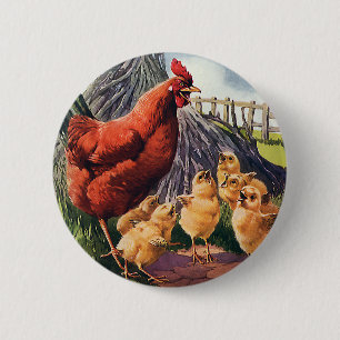 Macaron Rond 5 Cm Animaux Vintage, Poule avec des poussins à la ferm