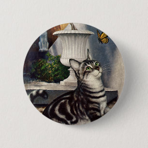 Macaron Rond 5 Cm Animaux vintages, mignon Tabby Cat papillon