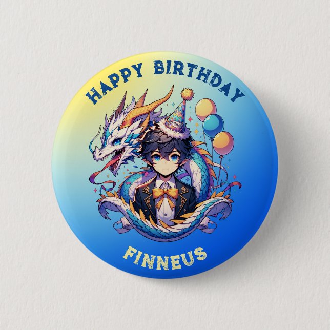 Macaron Rond 5 Cm Anime Dragon Personnalisé Birthday Boy (Devant)